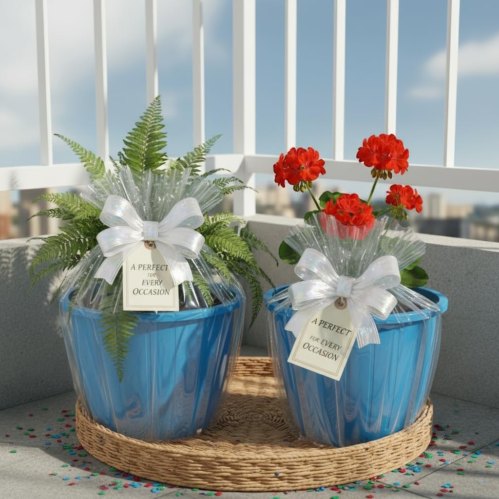 GoHooked blue plastic planters with white bows and gift tags, holding a fern and red flowers.