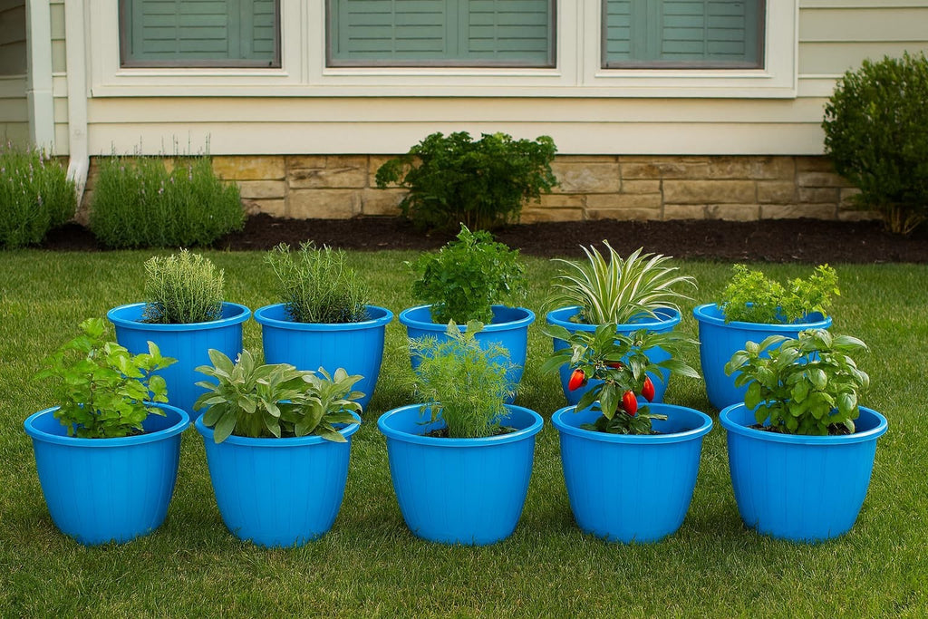 Go Hooked 10-inch blue plastic planters with various herbs and plants, perfect for indoor/outdoor gardening.
