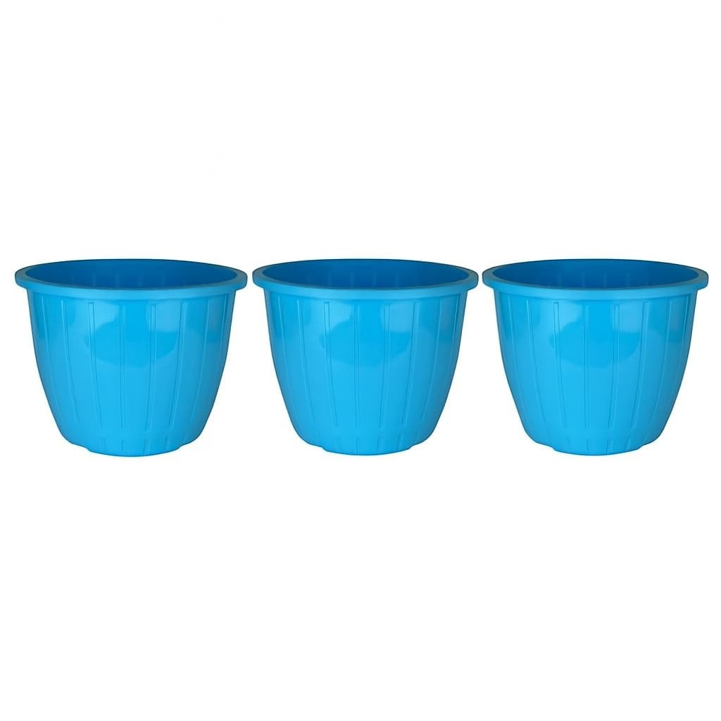 GoHooked pack of 3 blue plastic planters with ribbed texture, ideal for indoor or outdoor gardening.
