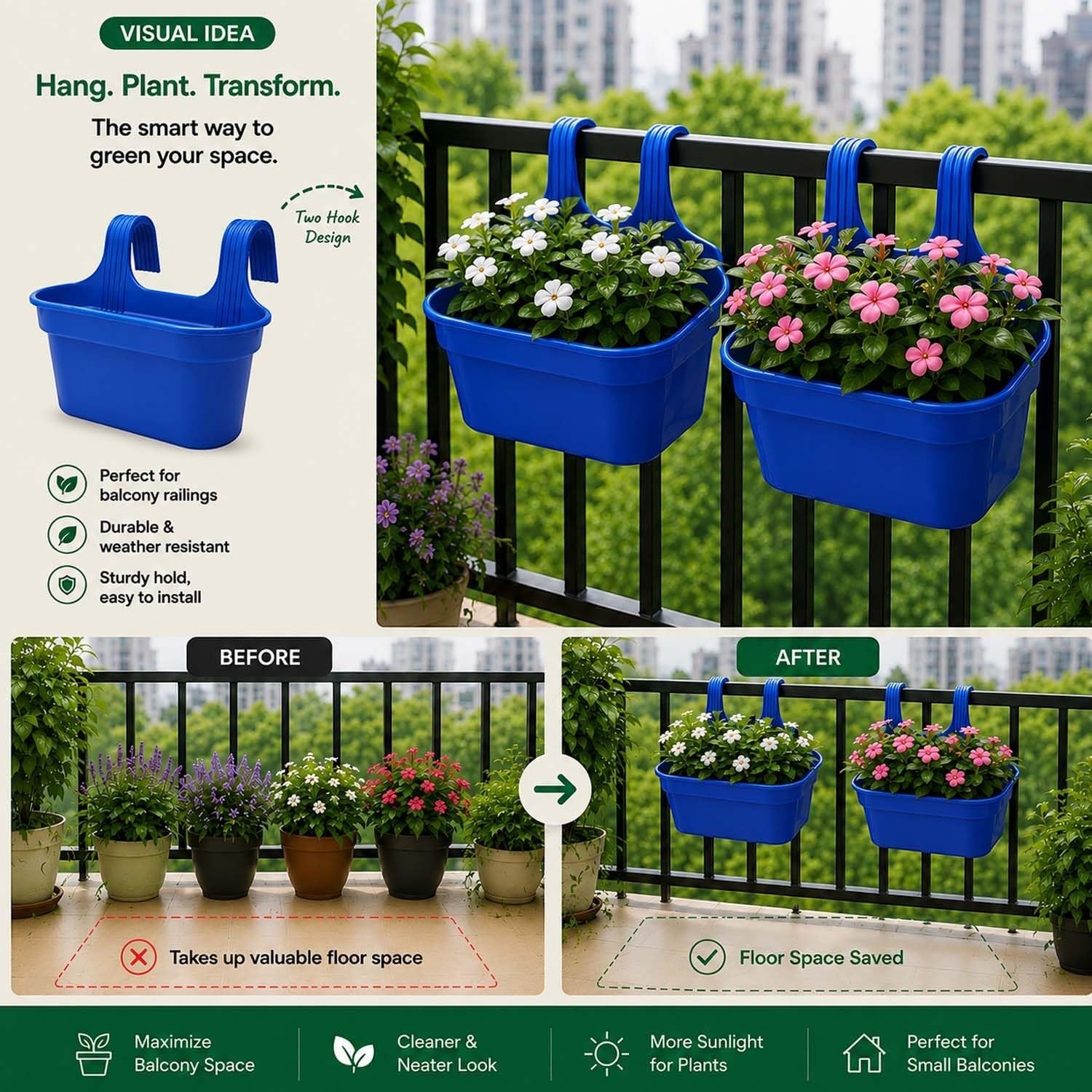 GoHooked blue plastic railing hanging planter pot with double hook, rectangular shape, set of 10.