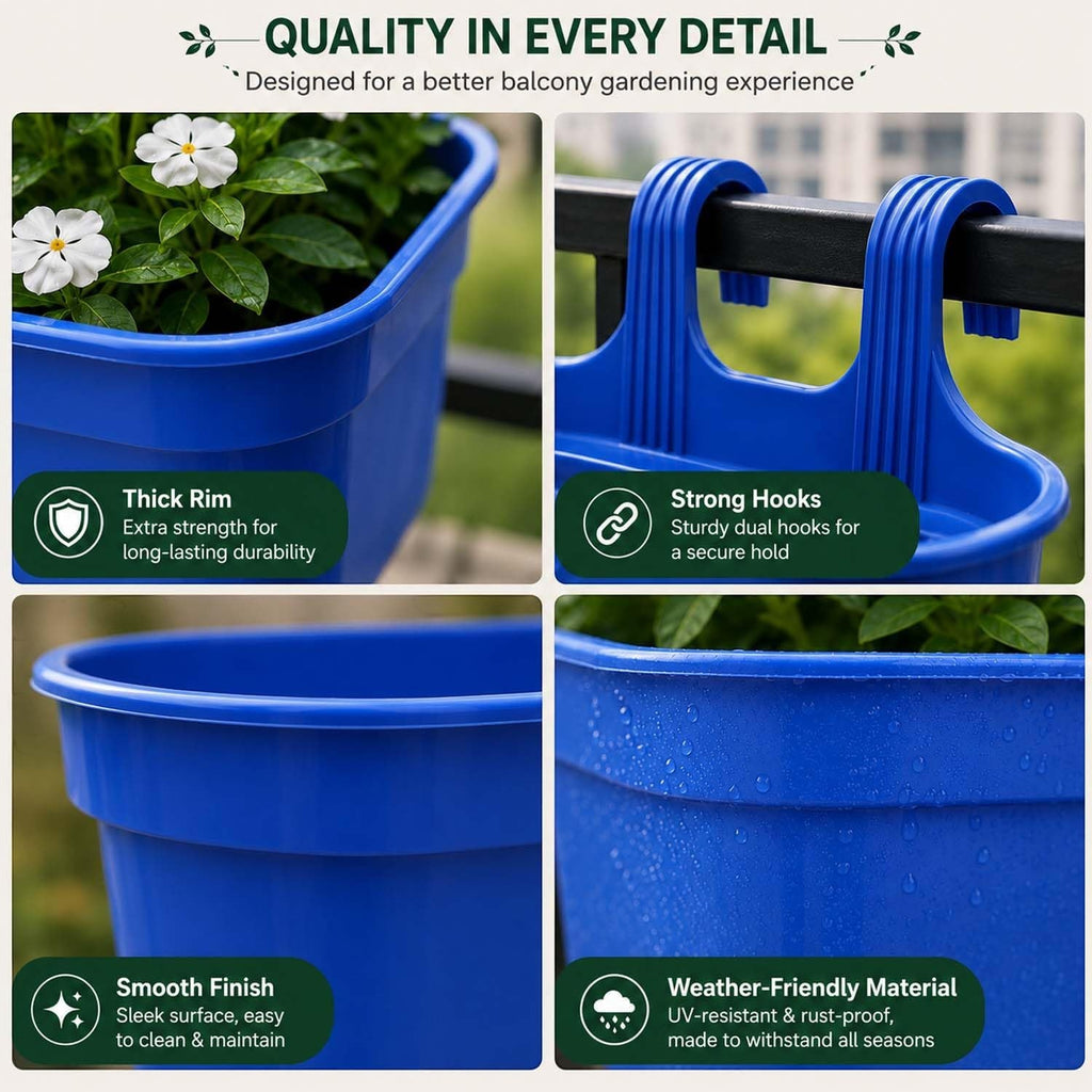 GoHooked blue plastic railing hanging planter pot with strong dual hooks, thick rim, and smooth finish. Set of 10.