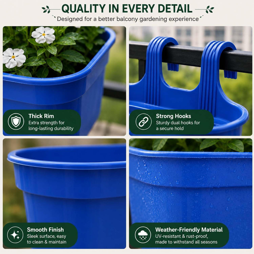 GoHooked blue plastic rectangular railing hanging planter pot with strong dual hooks for balcony and garden fence.
