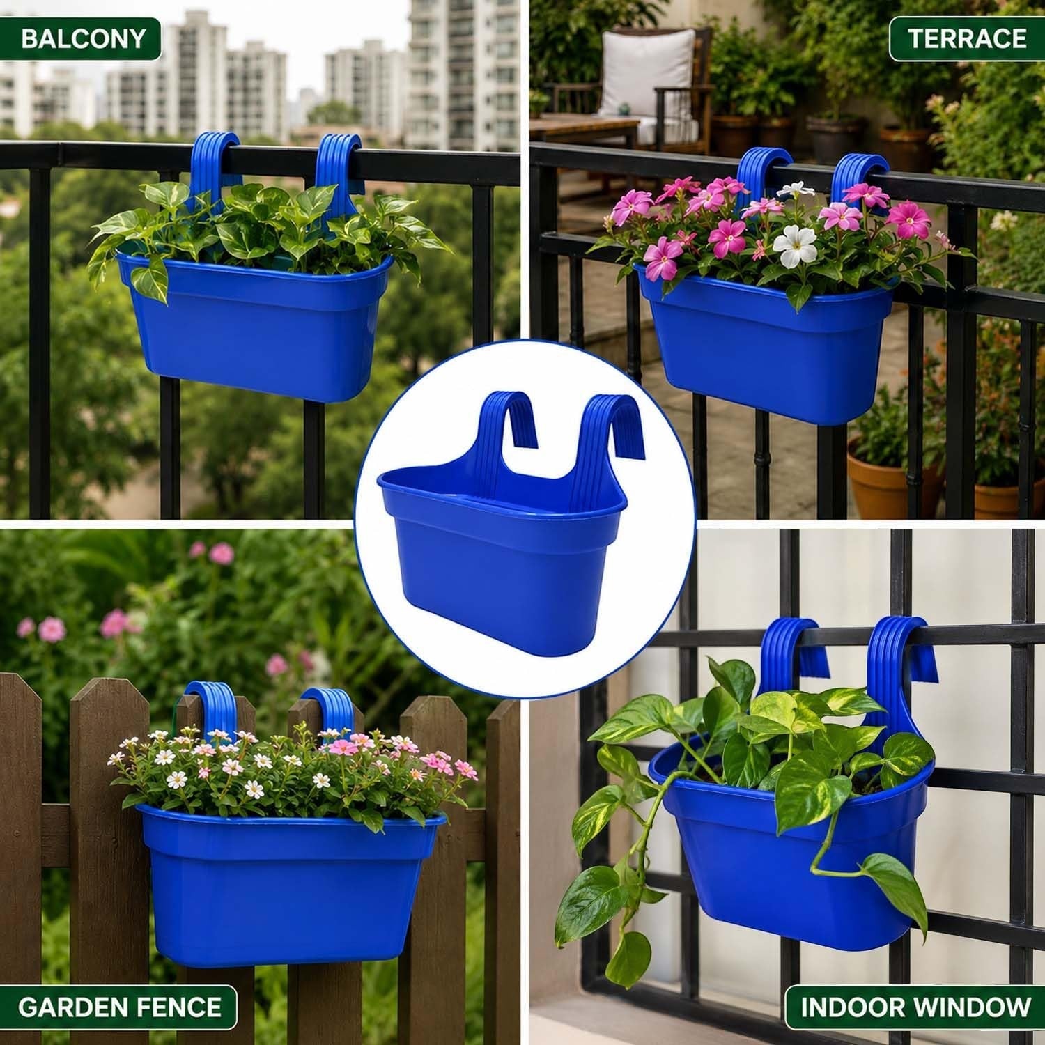 GoHooked blue plastic railing hanging planter pot with double hooks, 12 inch rectangular design for balcony, fence, or indoor window.