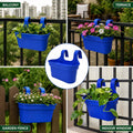 GoHooked blue plastic railing hanging planter pot with double hooks, 12 inch rectangular design for balcony, fence, and indoor window.