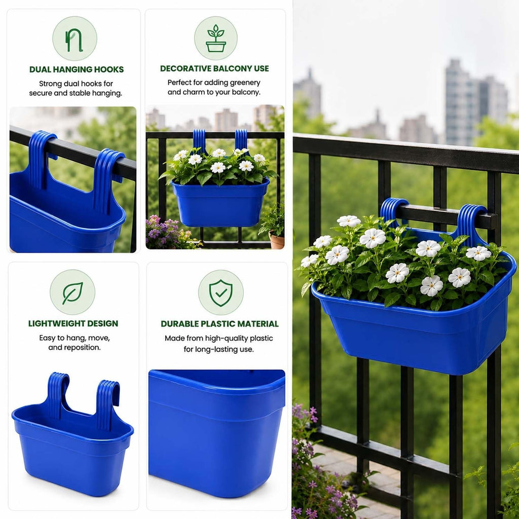 GoHooked blue plastic railing planter pot with dual hooks, rectangular shape, for balcony or garden decor.