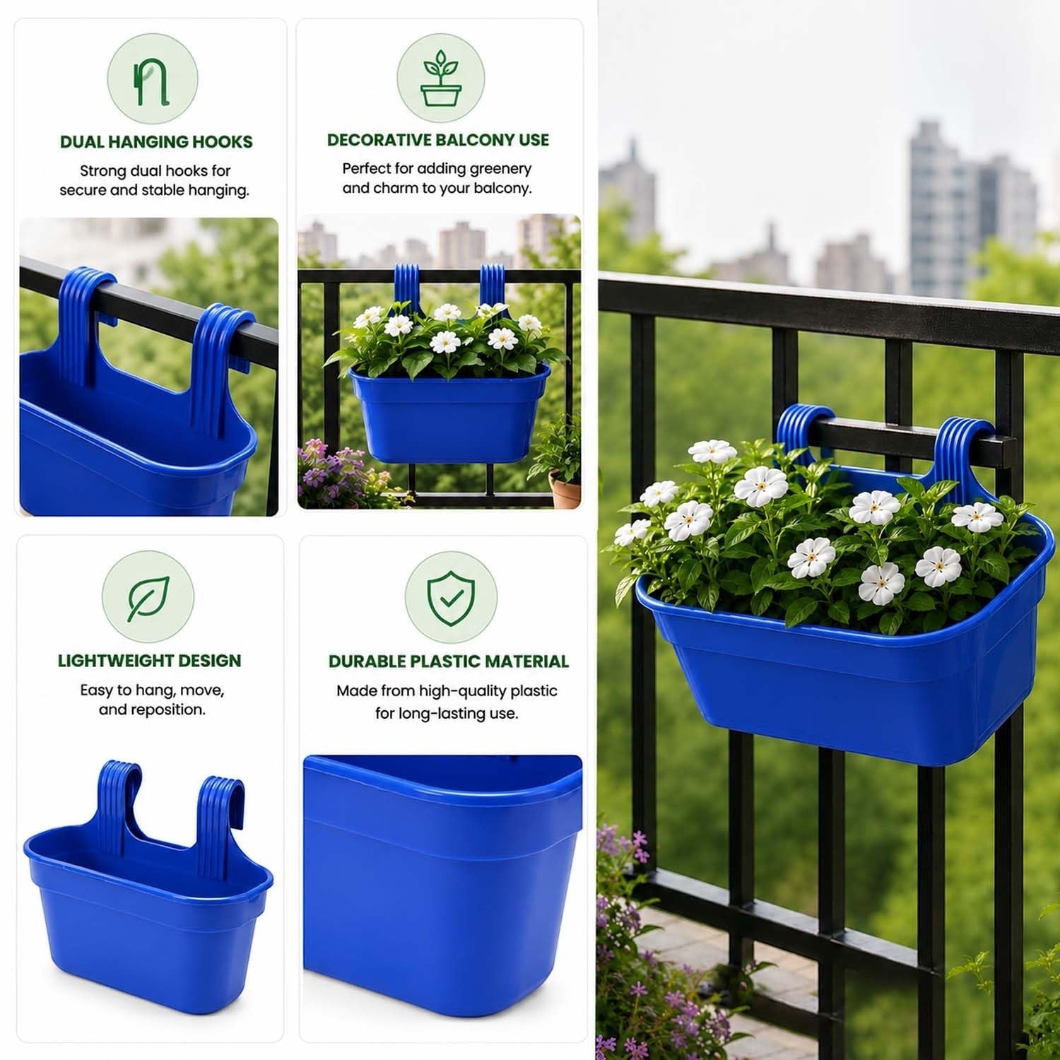 GoHooked blue plastic railing planter pot with dual hooks, rectangular shape, for balcony or garden decor.