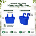 GoHooked blue plastic rectangular hanging planter pot with double hooks for balcony railings. 31cm width, 24cm height.