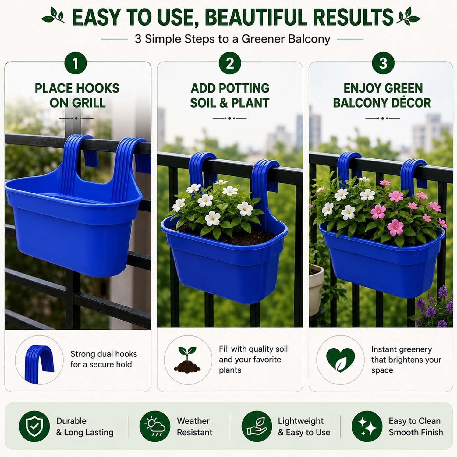 GoHooked blue plastic railing hanging planter pot set of 3, rectangular with double hooks for balcony fence.