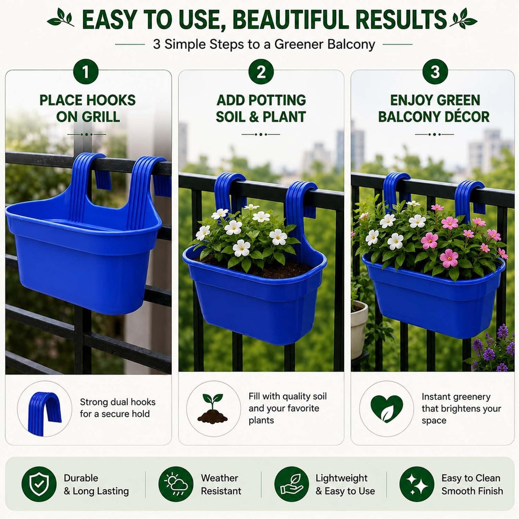 GoHooked blue plastic rectangular railing hanging planter pot with double hooks, set of 7.
