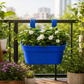GoHooked blue plastic railing planter with double hooks, holding white flowers and green plants. Rectangular shape, ideal for balconies.