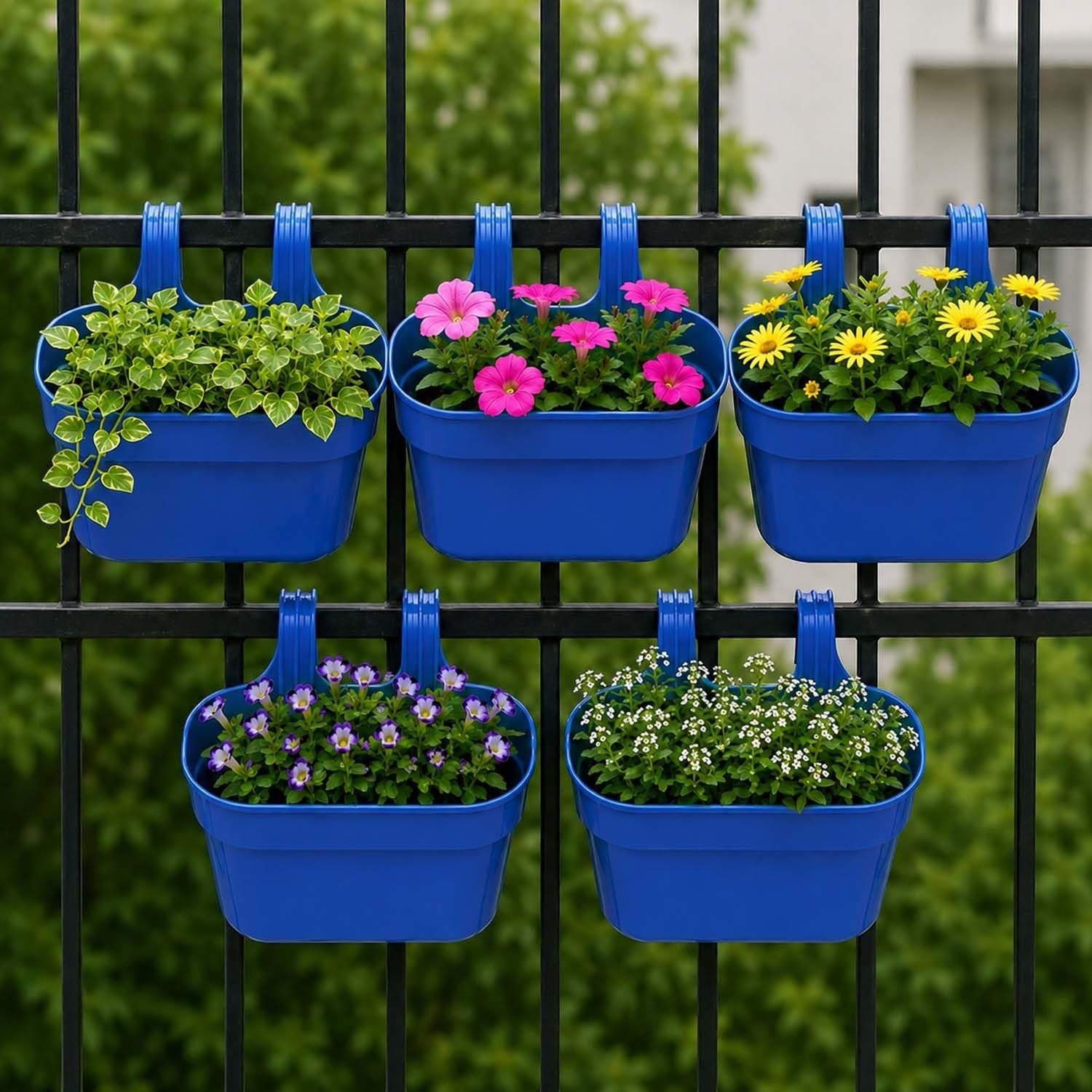 GoHooked blue plastic railing planters with double hooks, holding various flowers and greenery. Set of 5 shown.