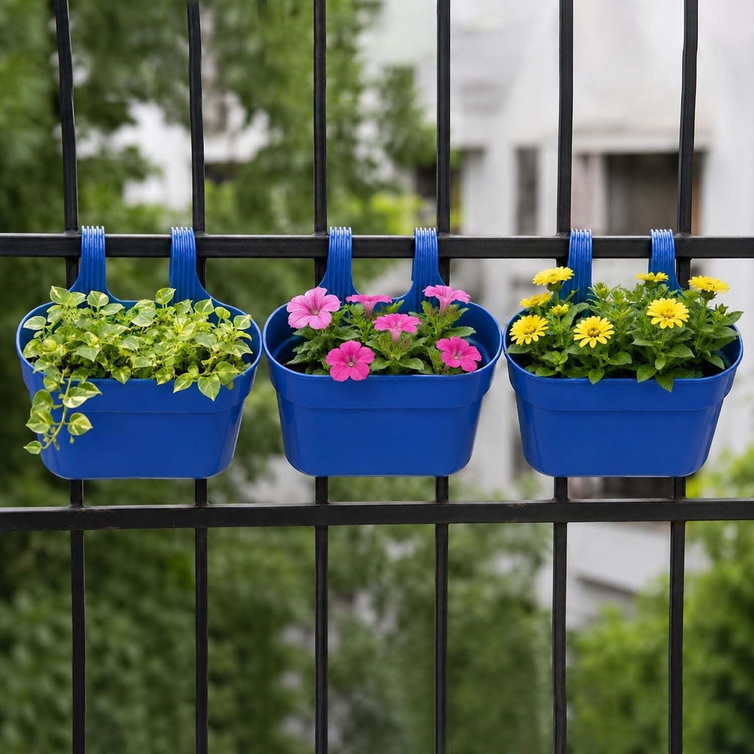 GoHooked blue plastic railing planters with double hooks, holding green plants, pink flowers, and yellow flowers.