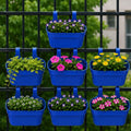 GoHooked set of 7 blue plastic railing hanging planters with double hooks, holding various flowers.