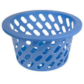 Go Hooked blue plastic storage basket with diamond-shaped holes and a wide rim. Ideal for kitchen or home organization.