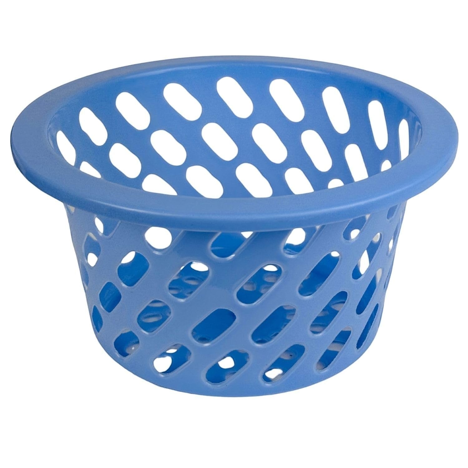 Go Hooked blue plastic storage basket with diamond-shaped holes and a wide rim. Ideal for kitchen or home organization.