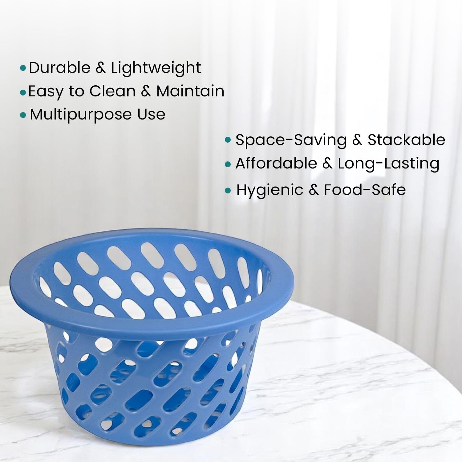 GoHooked blue plastic mesh storage basket with open weave design and handle for multipurpose use.