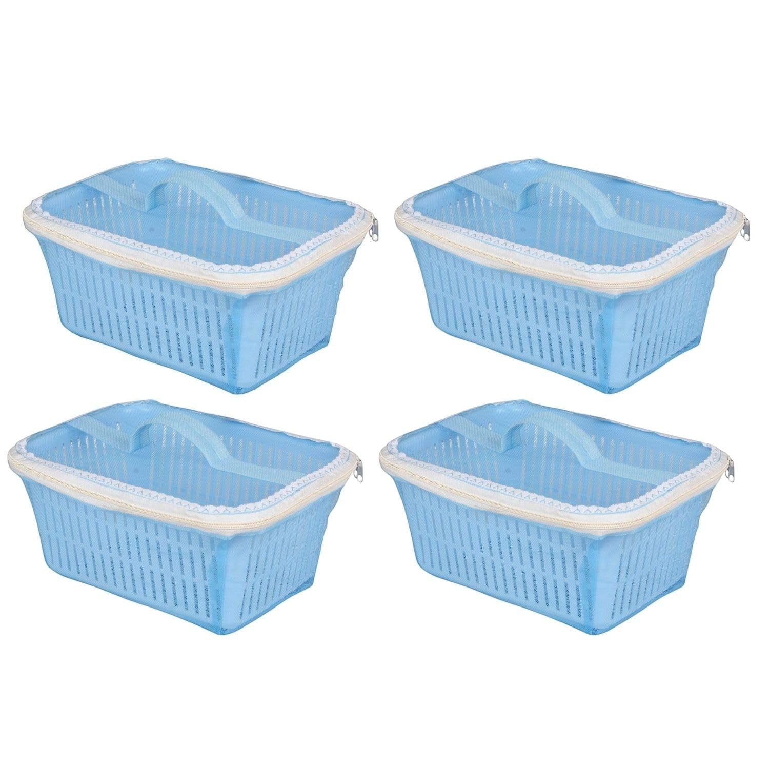 GoHooked pack of 4 blue plastic storage baskets with zip net covers and handles