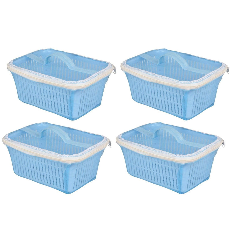 GoHooked pack of 4 blue plastic storage baskets with zip net covers and handles