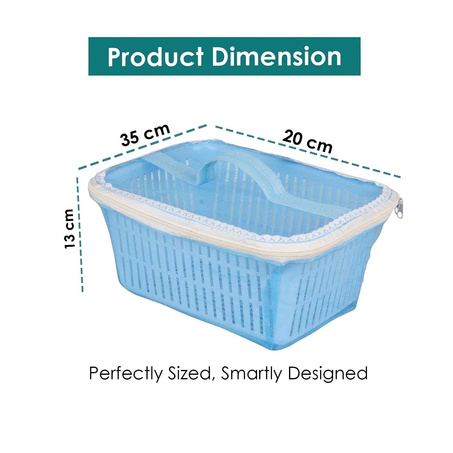 GoHooked blue plastic storage basket with zip net cover, 35x20x13 cm, ideal for pantry or countertop.
