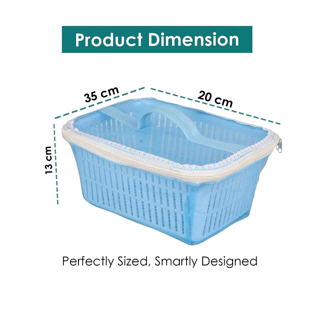 Go Hooked blue plastic storage basket with zip net cover, 35x20x13 cm, perfect for fruits and vegetables.