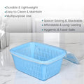 GoHooked blue plastic storage basket with zip net cover for fruits and vegetables. Durable, stackable, and easy to clean.