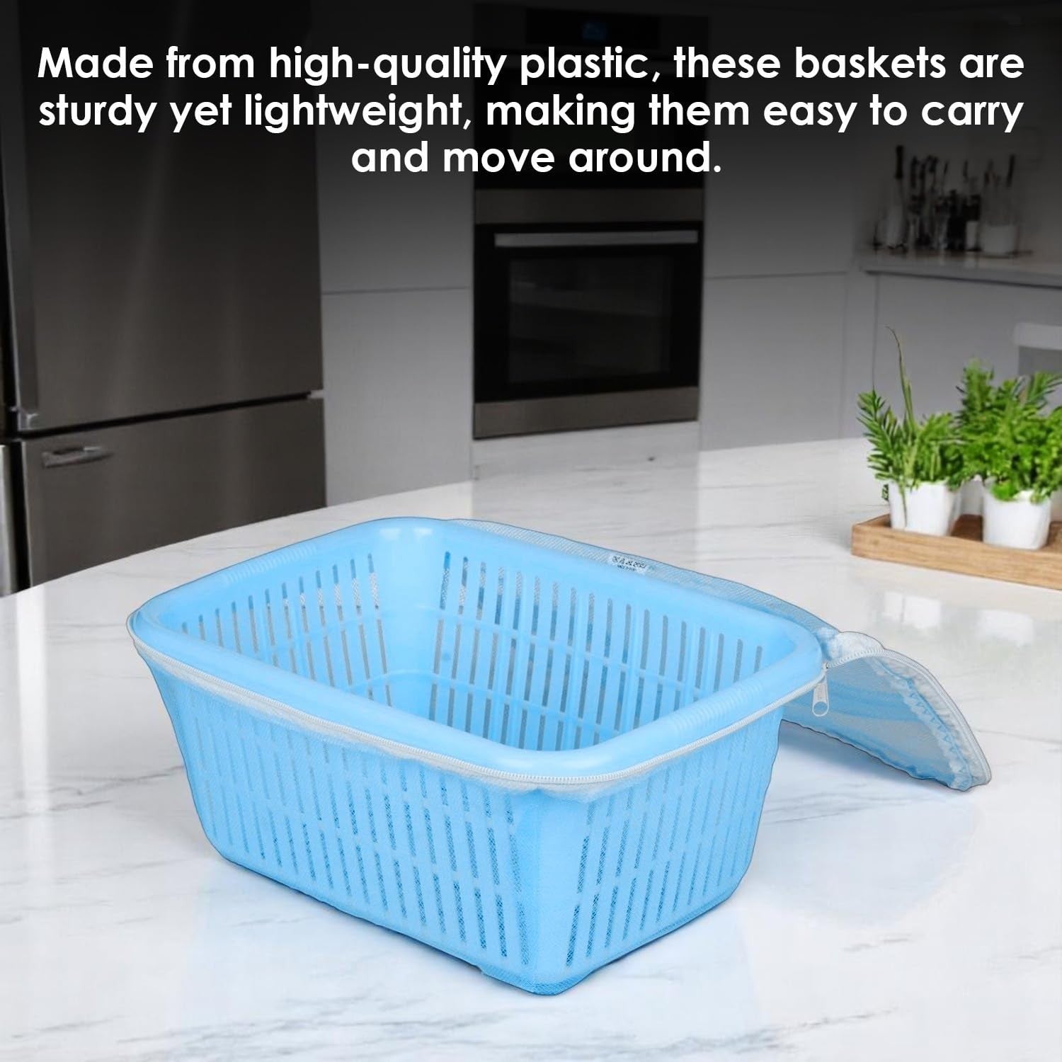 GoHooked blue plastic storage basket with zip net cover, ideal for fruits and vegetables.