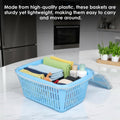 Go Hooked blue plastic storage basket with zip net cover, filled with folded towels and toiletries.
