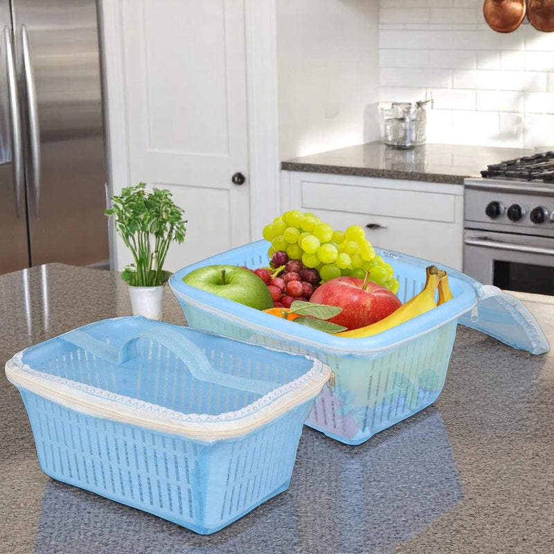 Go Hooked blue plastic storage basket with zip net cover, filled with apples, grapes, and bananas. Kitchen counter setting.