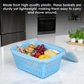 Go Hooked blue plastic storage basket with zip net cover filled with cookies, grapes, strawberries, and cake.