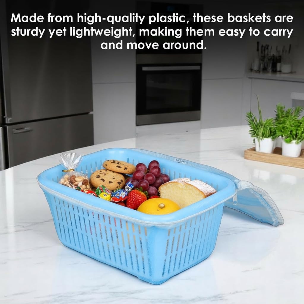Go Hooked blue plastic storage basket with zip net cover filled with cookies, grapes, strawberries, and cake.