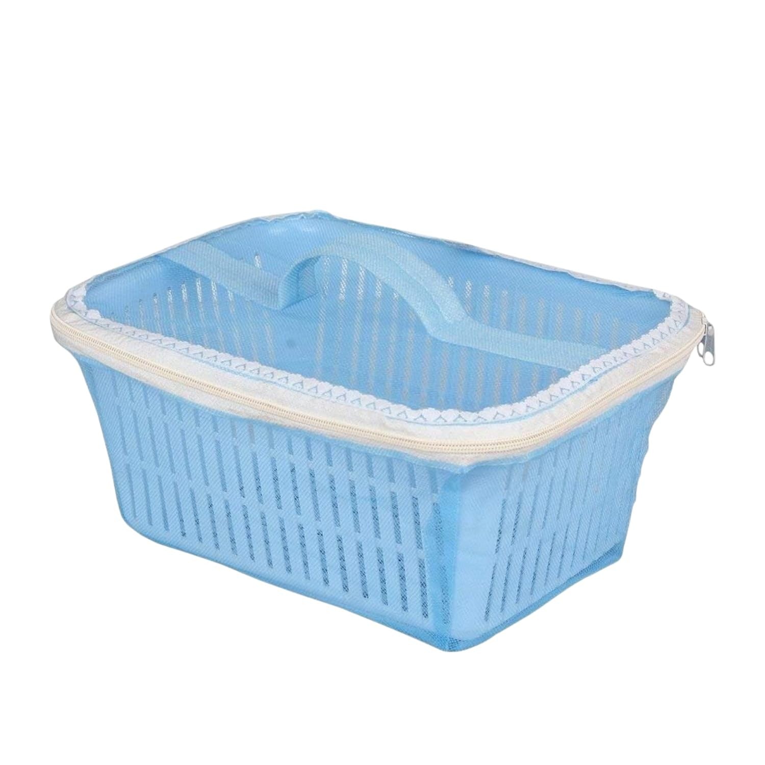 Go Hooked blue plastic storage basket with zip mesh cover and handles. Ideal for fruits, vegetables, or general storage.