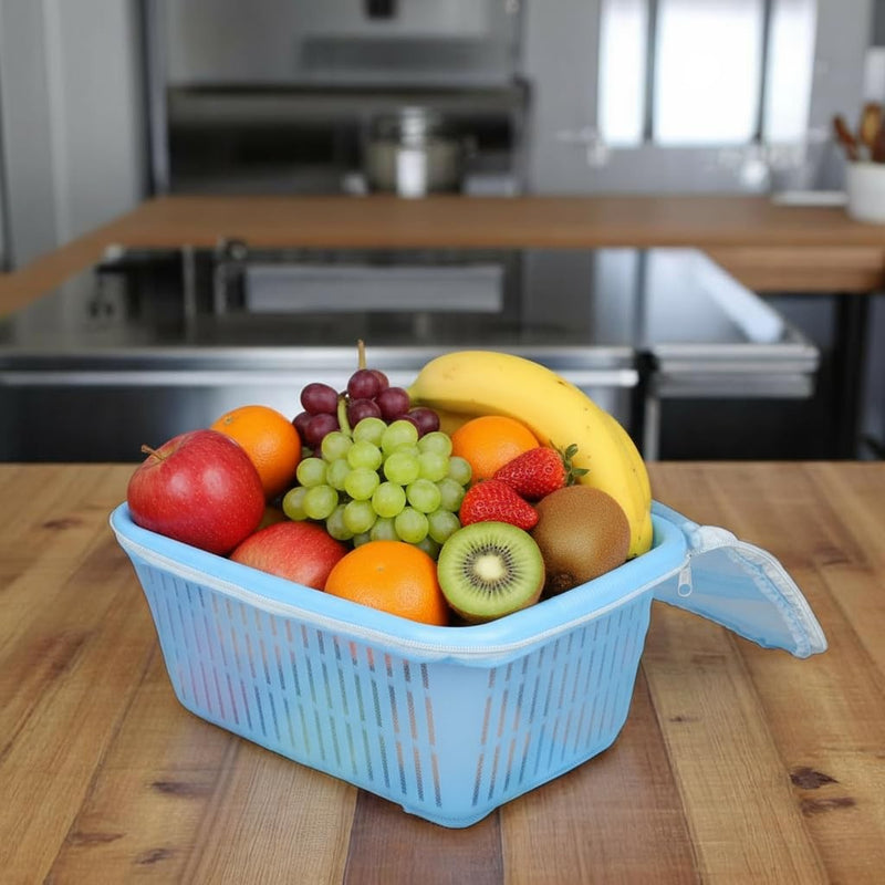 GoHooked blue plastic storage basket filled with assorted fruits including apples, oranges, grapes, bananas, strawberries, and kiwis. Features a zip-up net cover.