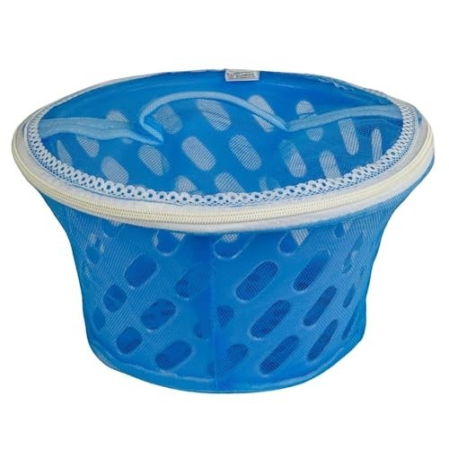 Go Hooked blue plastic storage basket with net cover and zip closure, ideal for kitchen or pantry organization.
