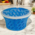 Go Hooked blue plastic storage basket with net cover and zip closure, ideal for kitchen or pantry organization.