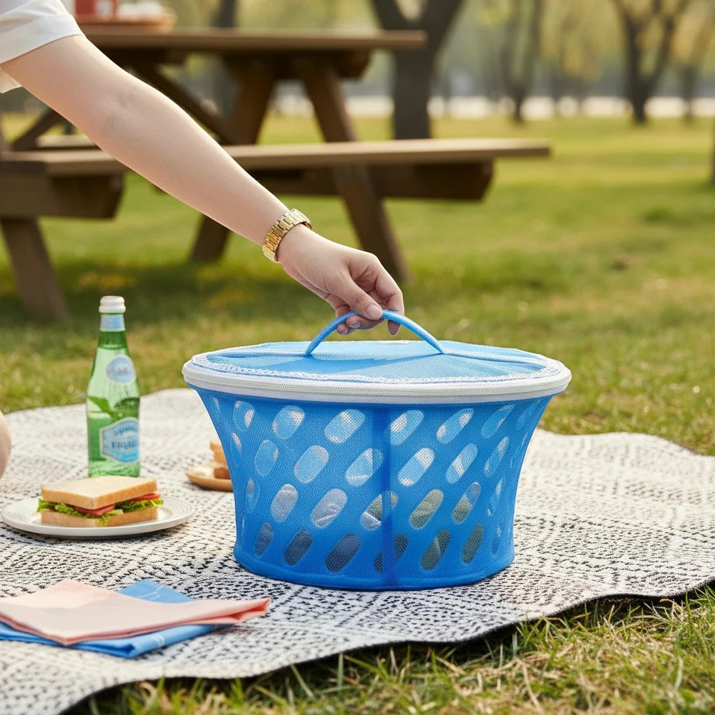 GoHooked blue plastic storage basket with net zip cover, breathable and insect-proof design for picnics and home organization.