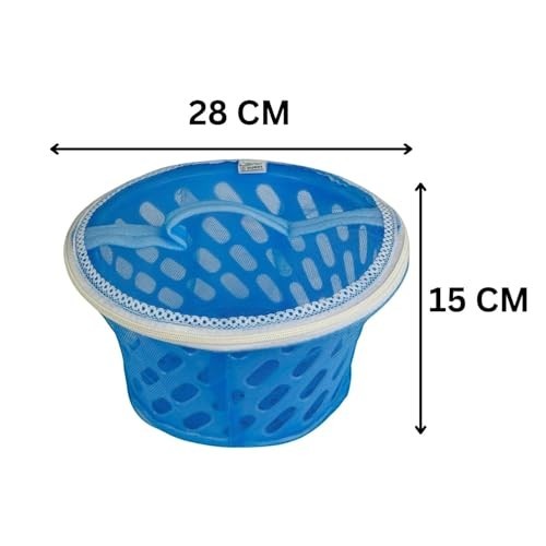Go Hooked blue plastic storage basket with net cover and zip, 28x15 cm, breathable and insect-proof for kitchen and home.