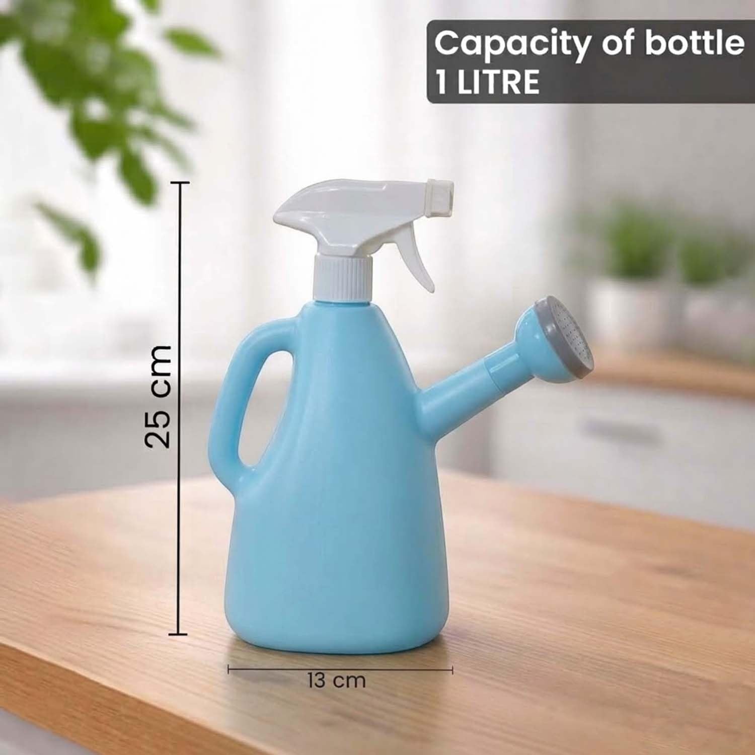 GoHooked blue 1 litre plastic watering can with spray bottle attachment and shower head nozzle for indoor plants.