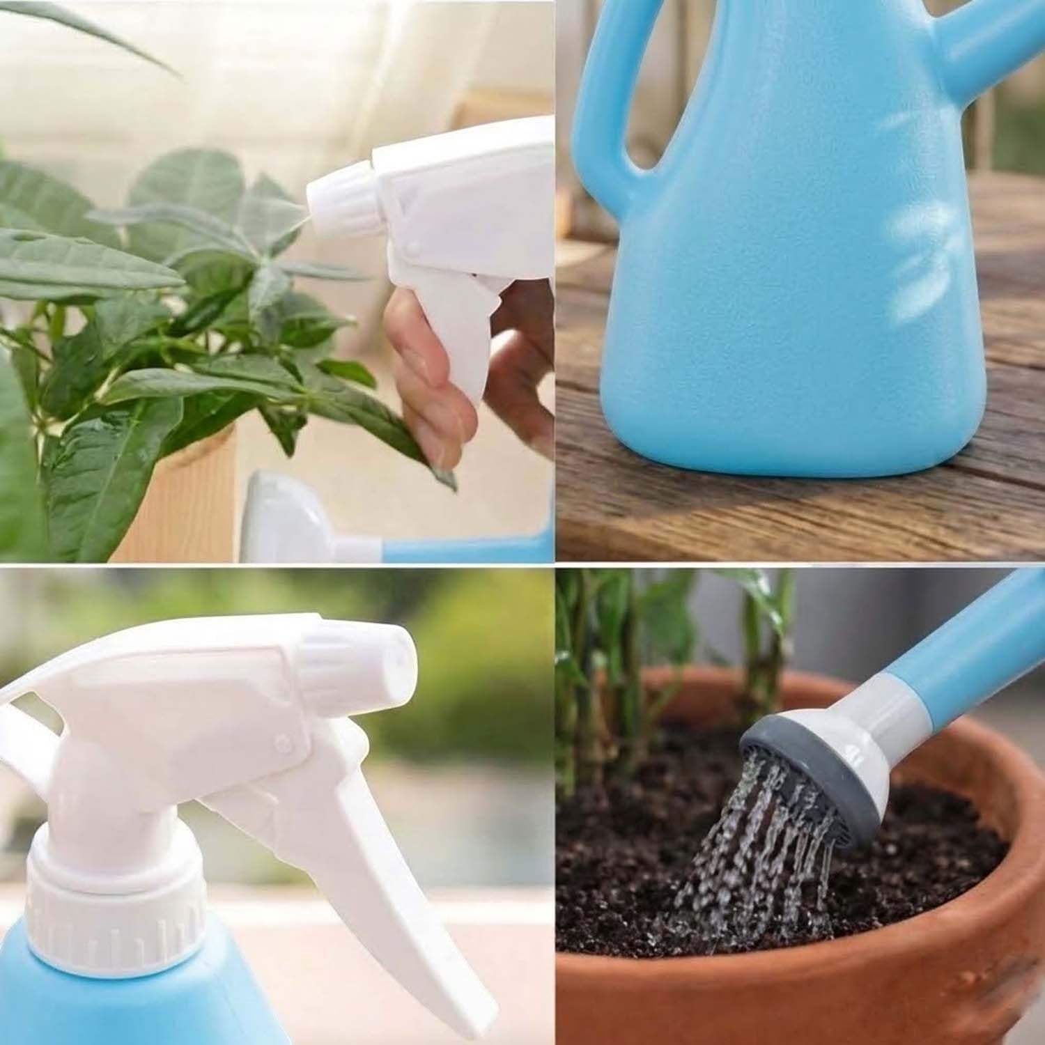 GoHooked blue 1L plastic watering can with spray bottle and shower head for indoor plants.