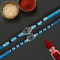 GoHooked blue beaded rakhis with Hamsa hand and evil eye charms, for Raksha Bandhan.