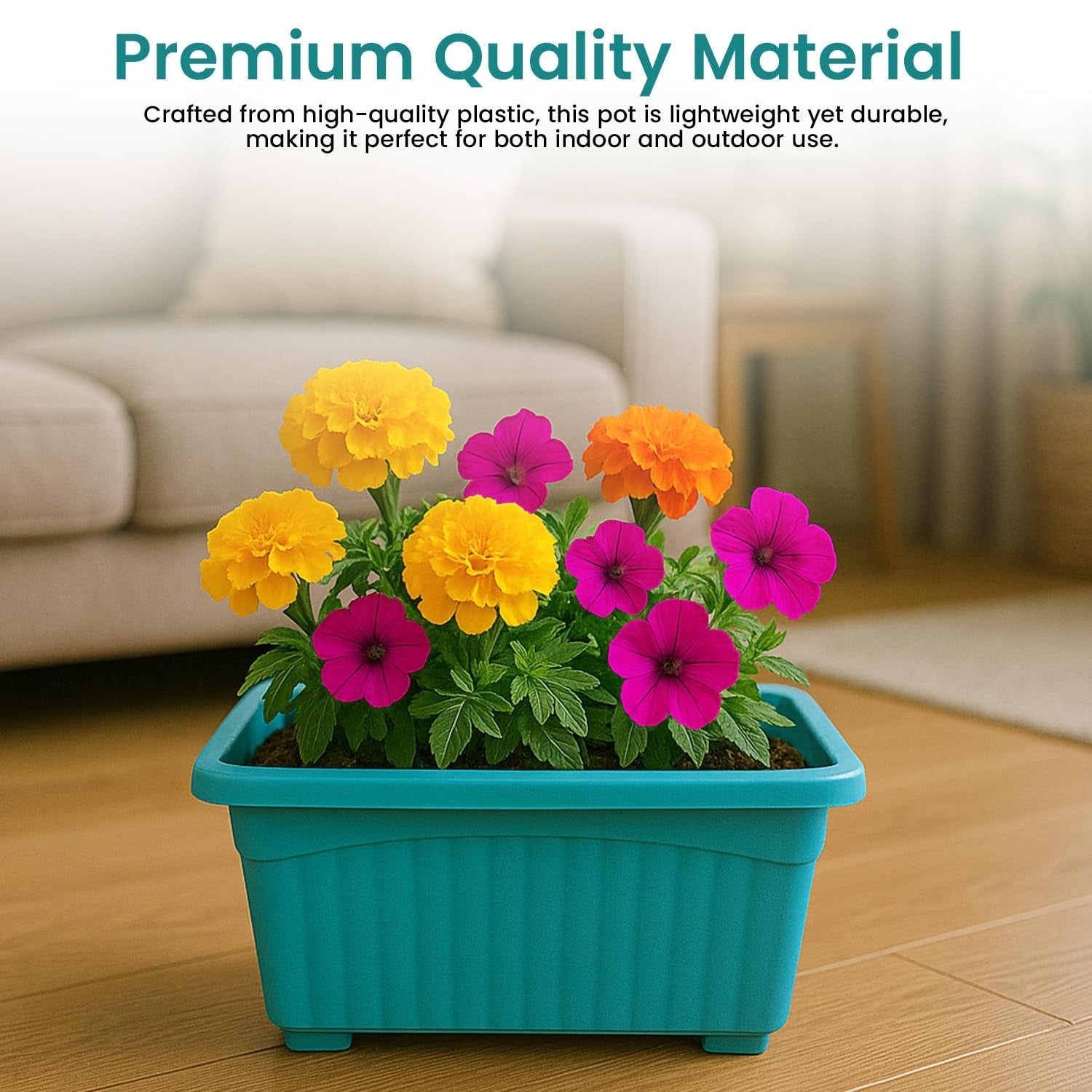 GoHooked blue rectangular plastic plant pot with marigolds and petunias, 35cm, pack of 6