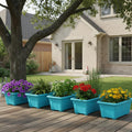 GoHooked blue rectangular plastic plant pots with ribbed texture, perfect for balconies and gardens. Pack of 6.
