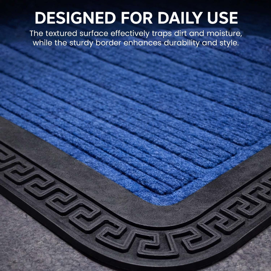 GoHooked blue rubber door mat with a ribbed surface and a decorative black Greek key border for home entrance use.