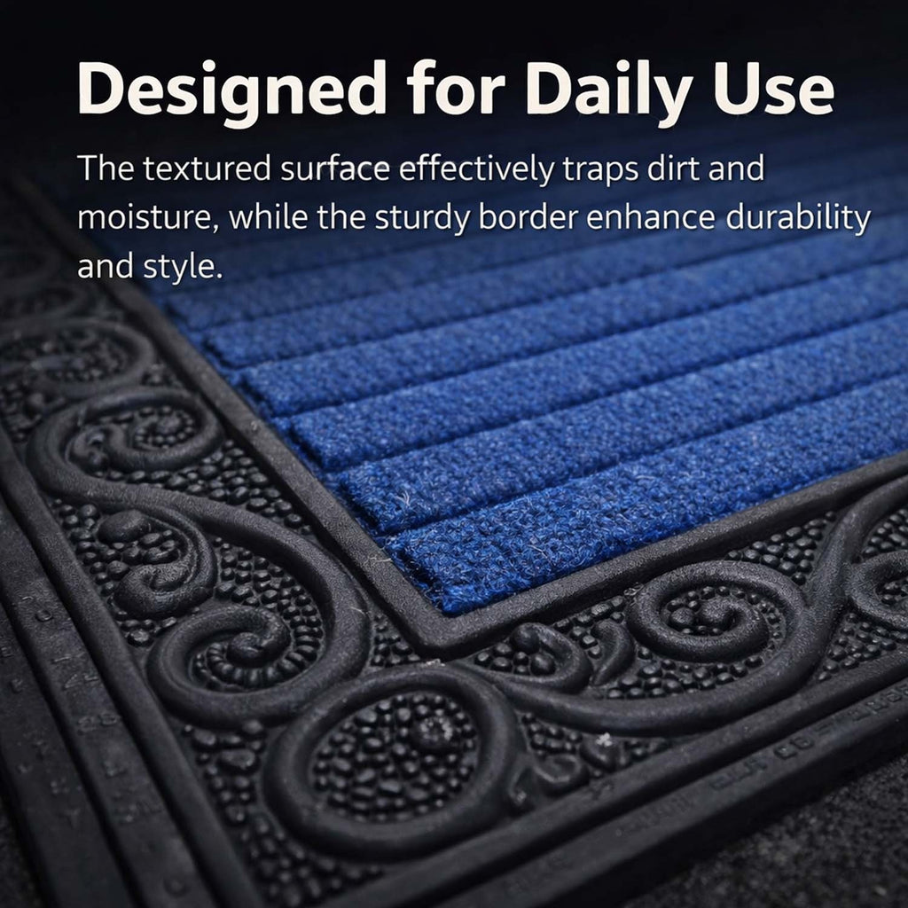 GoHooked blue rubber door mat with a ribbed surface and decorative black border for dirt trapping at home entrances.
