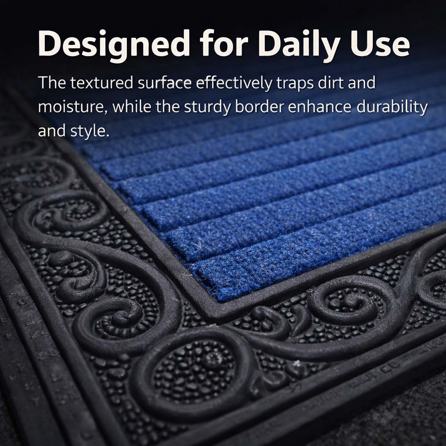 GoHooked blue rubber door mat with a ribbed surface and decorative black border for dirt trapping at home entrances.