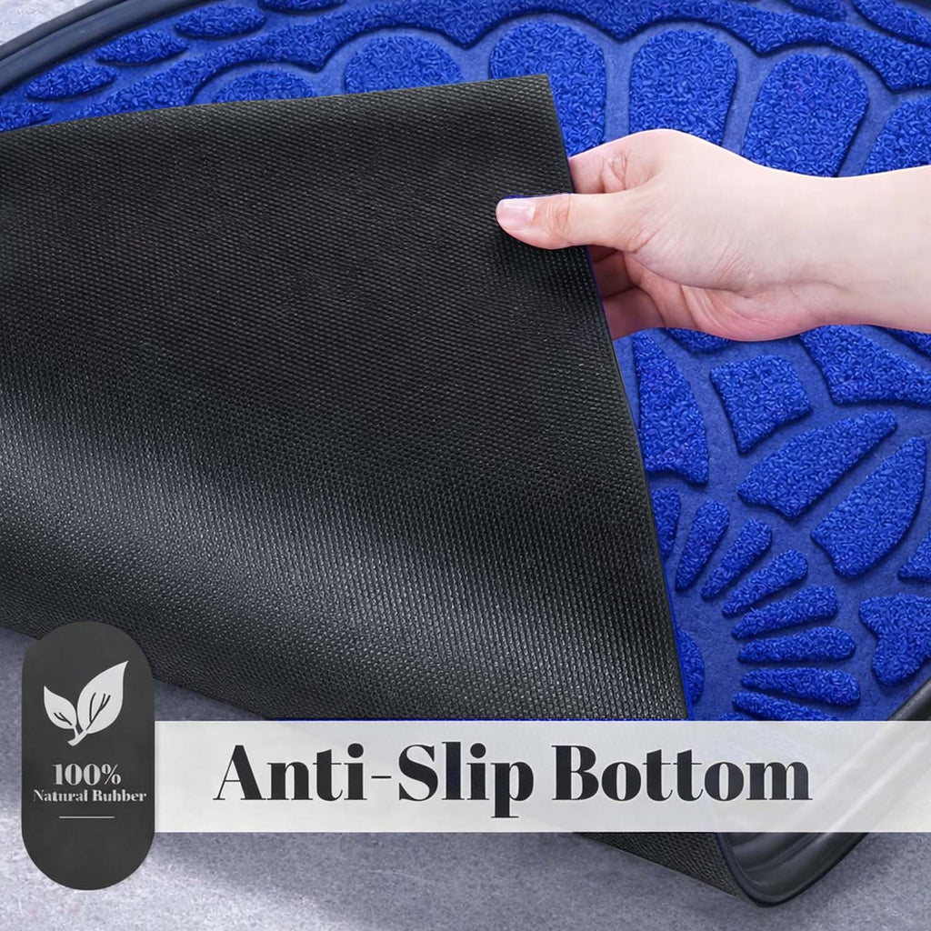 GoHooked blue rubber half circle door mat with embossed floral pattern and textured anti-slip backing