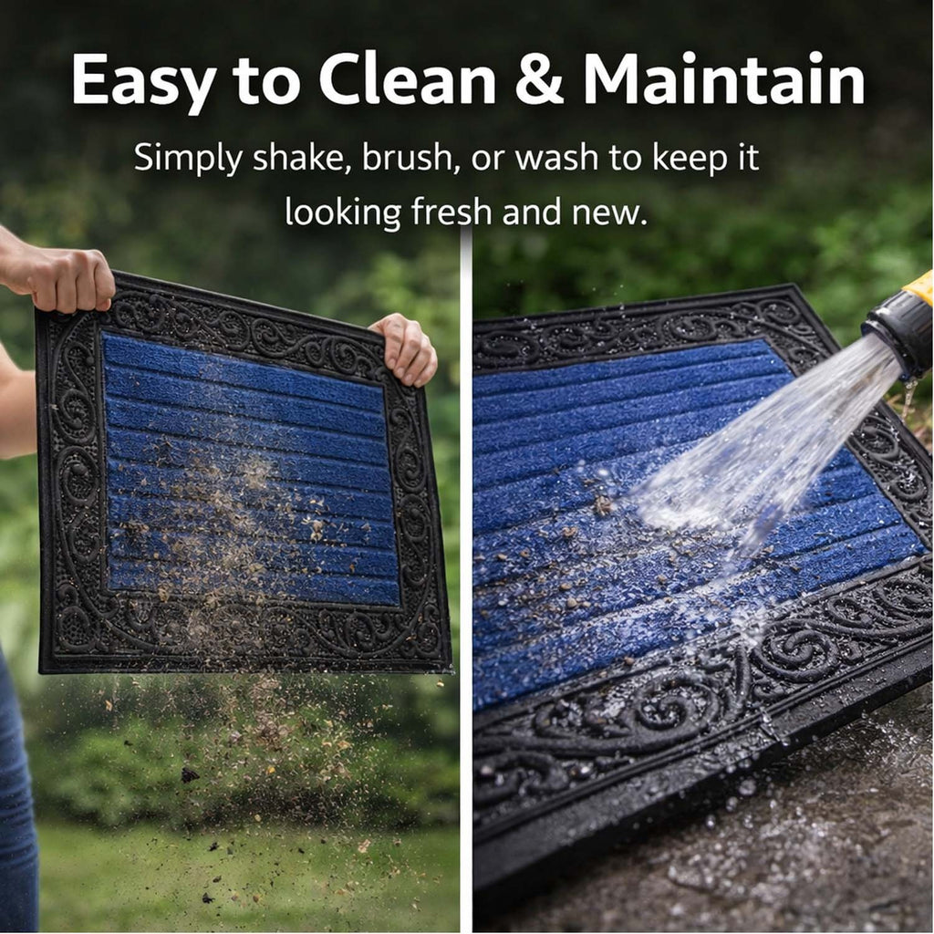 GoHooked blue rubber door mat with ribbed surface and decorative border being cleaned with water and shaking off dirt.