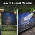 GoHooked blue rubber door mat with ribbed surface and decorative border being cleaned with water and shaking off dirt.