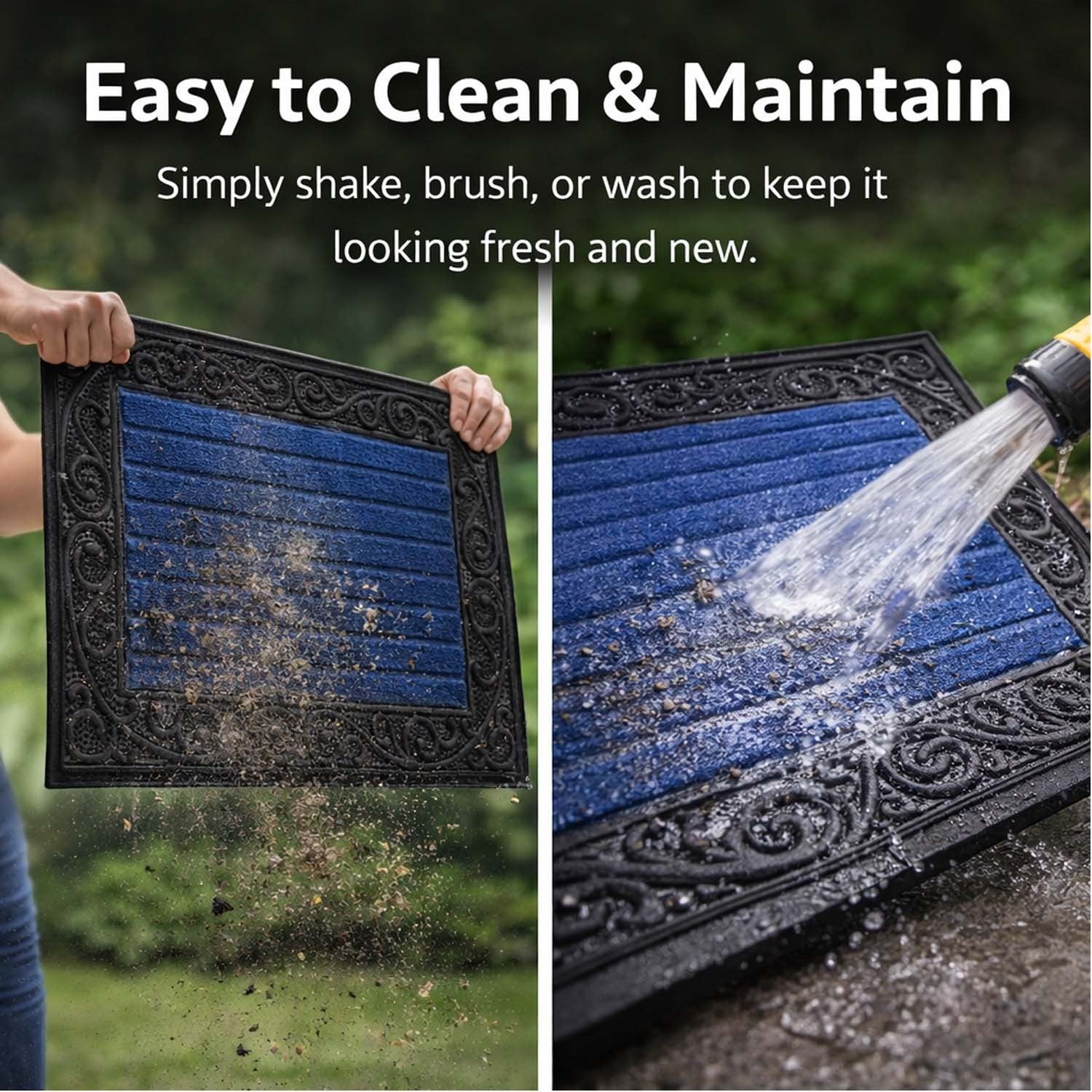 GoHooked blue rubber door mat with ribbed surface and decorative border being cleaned with water and shaking off dirt.
