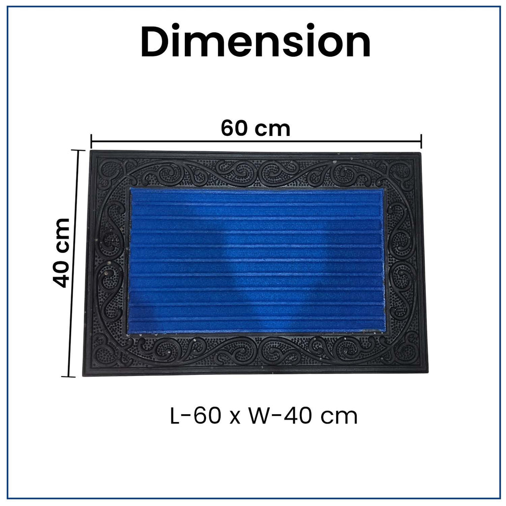 GoHooked blue rubber door mat with decorative black border and ribbed surface, 40x60 cm dimensions.