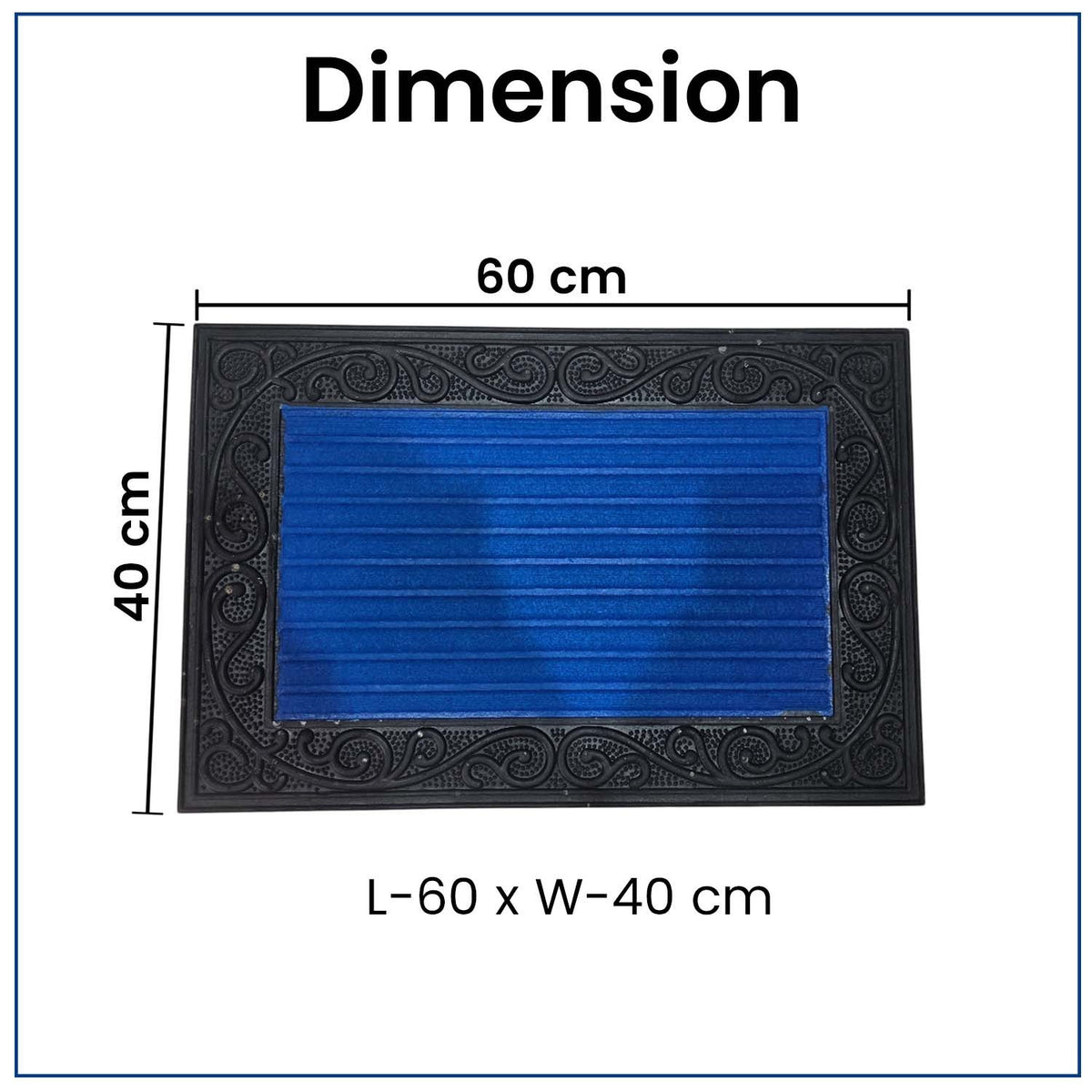GoHooked blue rubber door mat with decorative black border and ribbed surface, 40x60 cm dimensions.